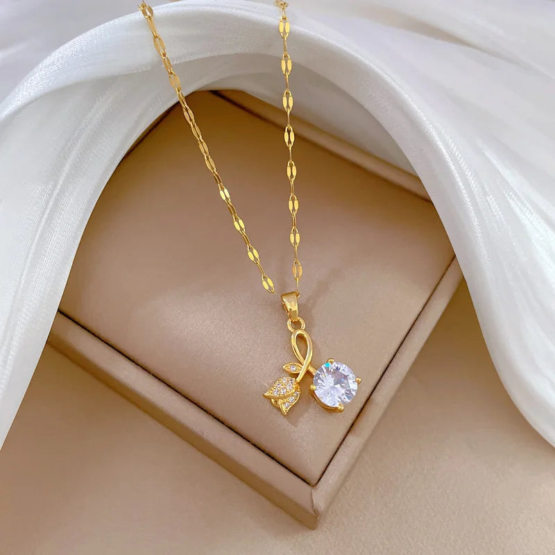 Rose Pendant Necklace Women | Gold Stainless Steel Clavicle Chain Pendant Necklace Nixie