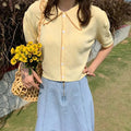 Women's Knitted Crop Top Lapel Collar Slim Fit Summer T-Shirt Knitted Crop Top Nixie Yellow One Size