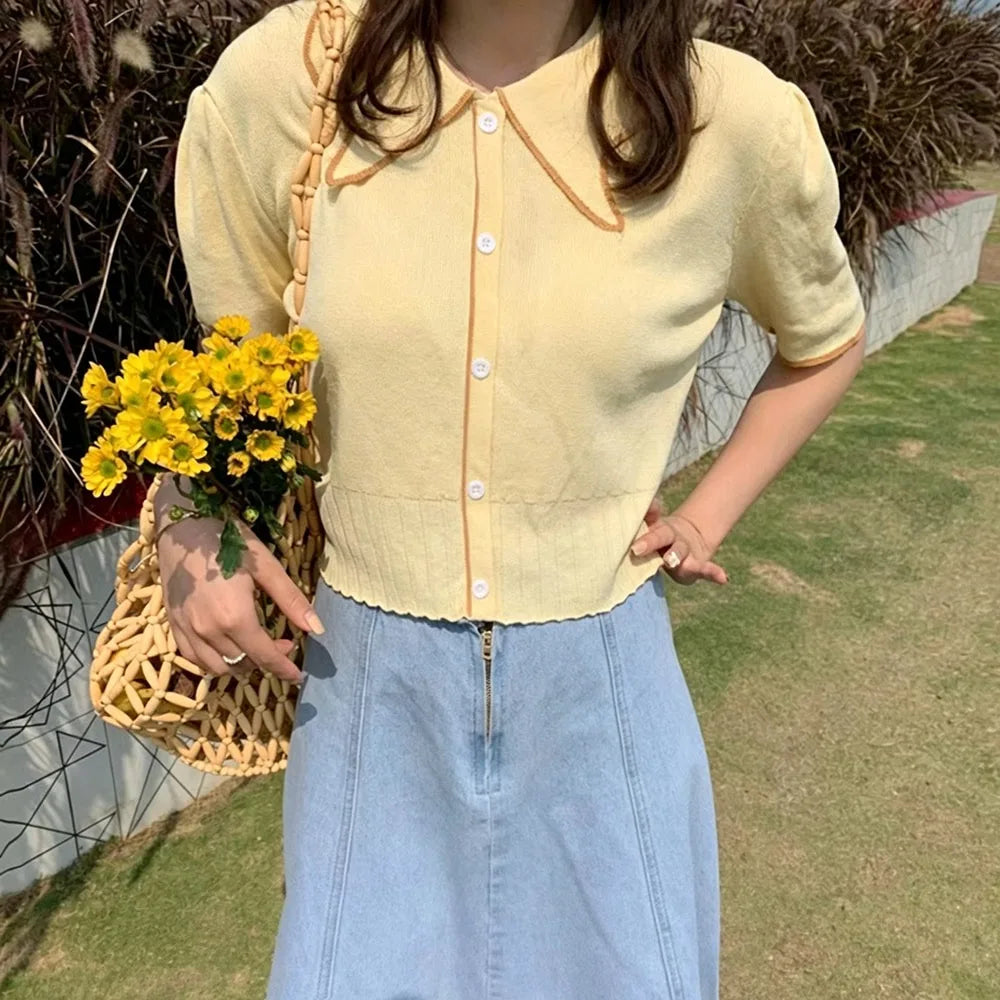 Women's Knitted Crop Top Lapel Collar Slim Fit Summer T-Shirt Knitted Crop Top Nixie Yellow One Size