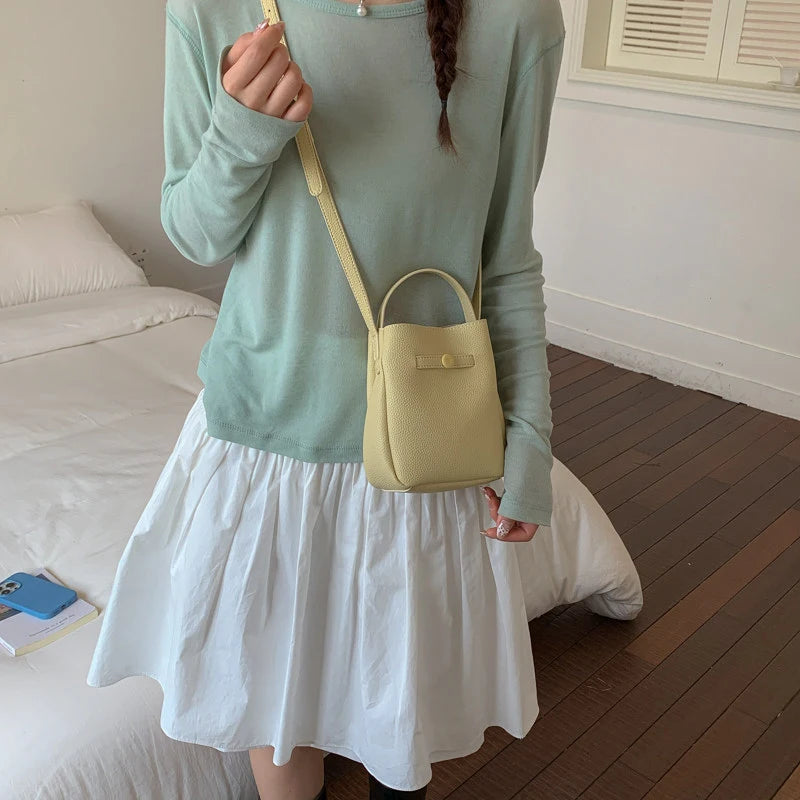 Korean Lychee Bucket Bag – Soft Leather Shoulder & Crossbody Bag Bucket Shoulder Bag Nixie