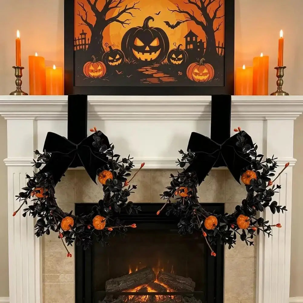 9-Inch Black Halloween Pumpkin Wreath with Velvet Bow Halloween Wreath Nixie