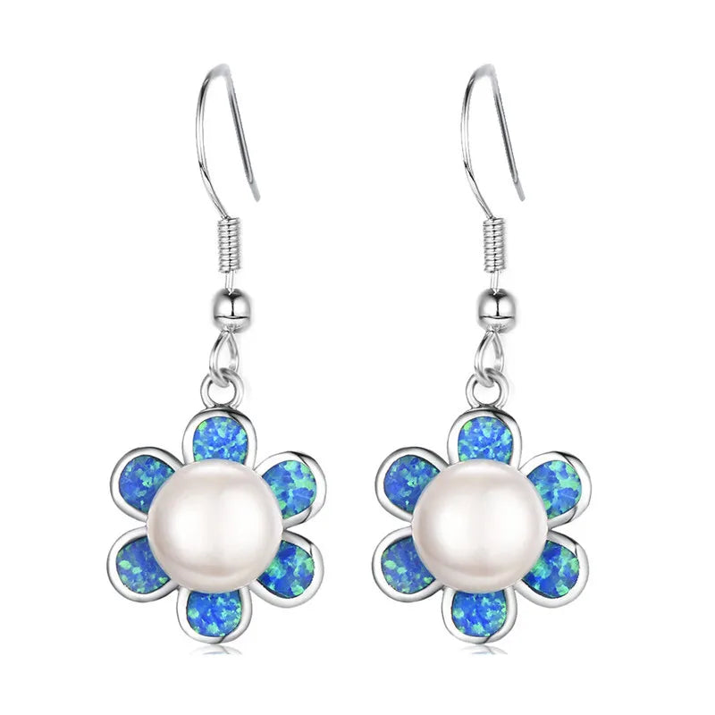Pearl Dangle Blue Simulated Opal Drop Earrings | Silver Fashion Drop Earrings Nixie Blue