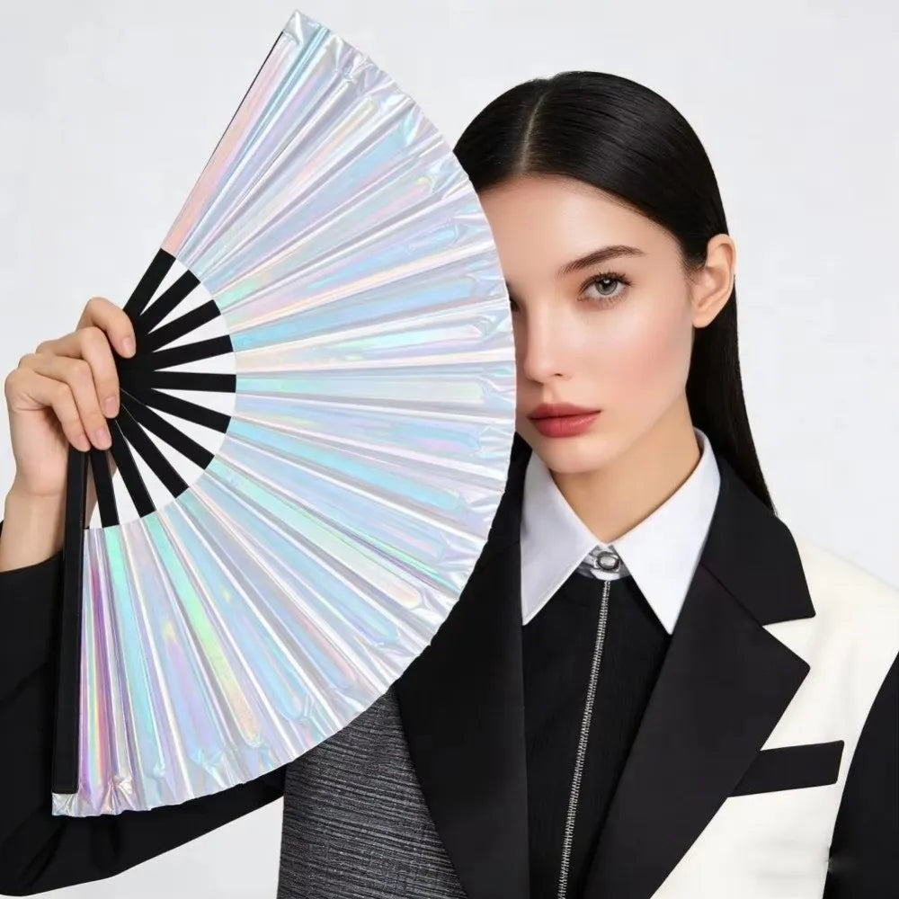 Holographic Folding Fan Large Iridescent Handheld Fan Stage Prop Holographic Folding Fan Nixie