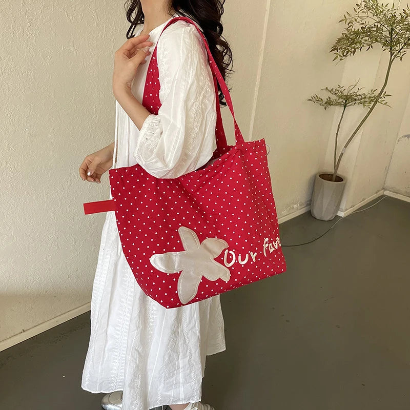Korean Polka Dot Floral Shoulder Bag – Lightweight Nylon Tote Shoulder Tote Bag Nixie