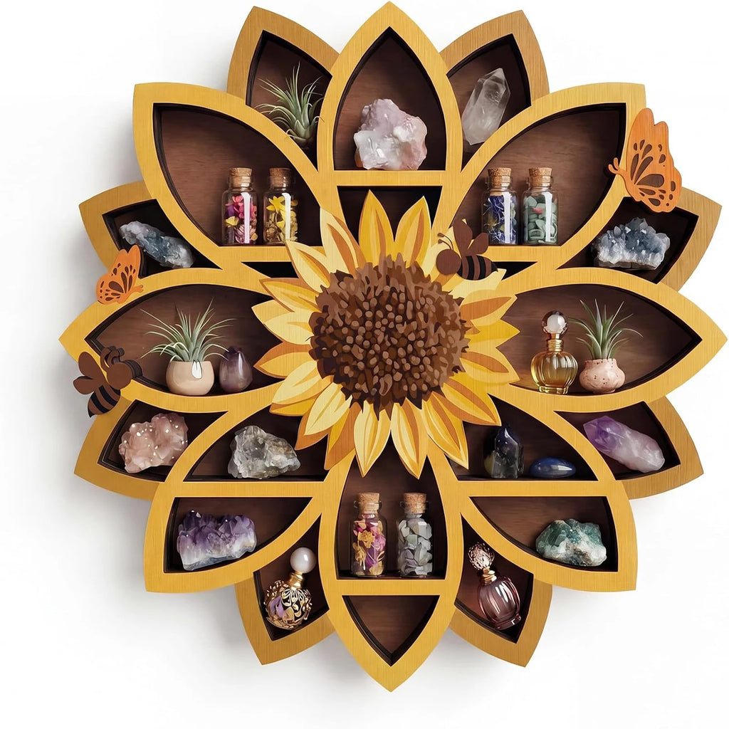 Sunflower Crystal Wall Shelf – Boho Farmhouse Wood Wall Decor Decorative Wall Shelf Nixie
