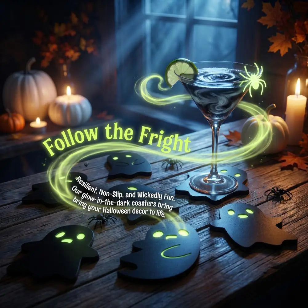 Halloween Glow-in-the-Dark Wooden Coasters – Anti-Slip Drink Mats