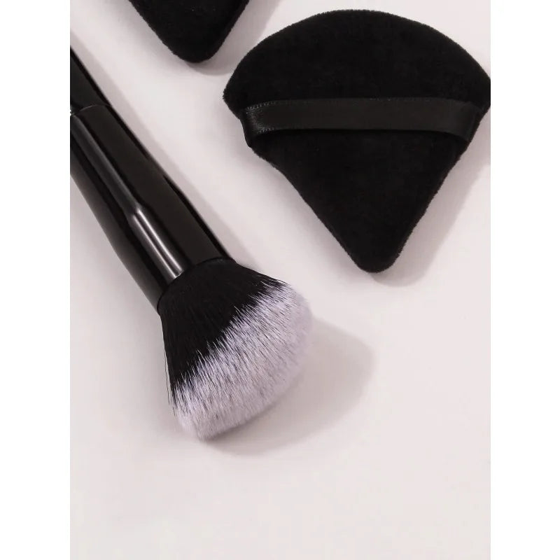 Black Angled Blush Brush & Makeup Puff Set – 3-Piece Kit Makeup Brush Set Nixie
