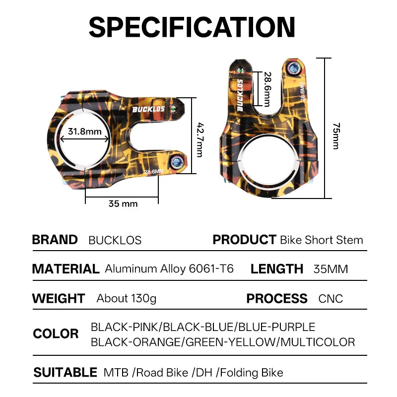 BUCKLOS 35mm MTB Short Stem CNC Aluminum Alloy Bike Handlebar Bicycle Handlebar Stem Nixie