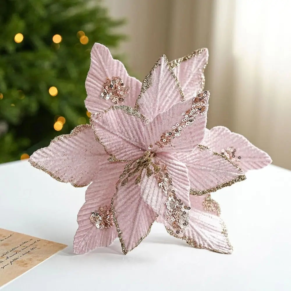25cm Christmas Glitter Flower – Red & Gold Fake Bloom Decoration