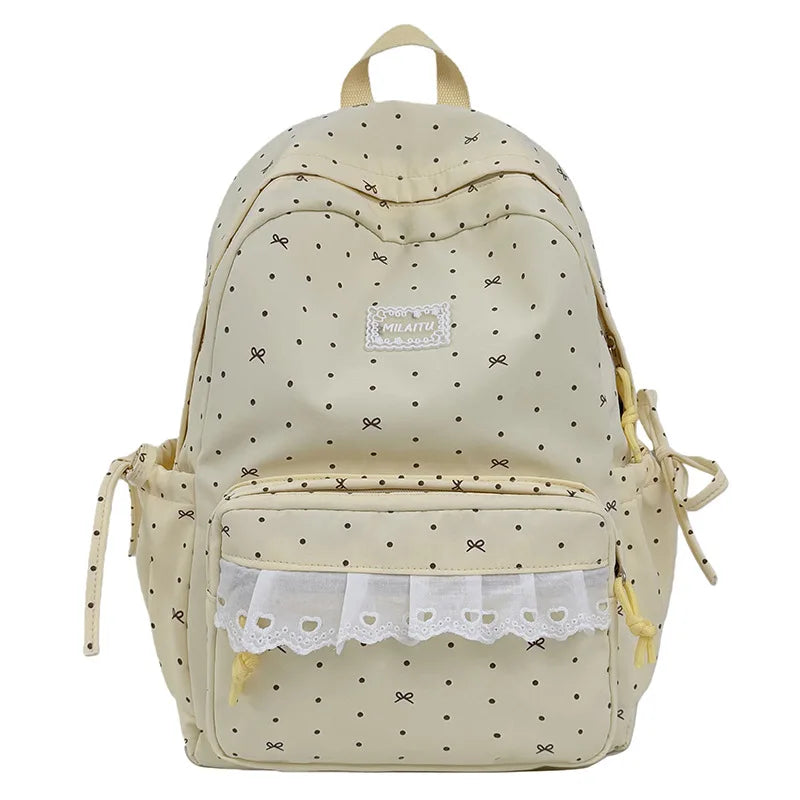 Korean Polka Dot Lace Canvas Backpack for Girls | School Girls Canvas Backpack Nixie Yellow