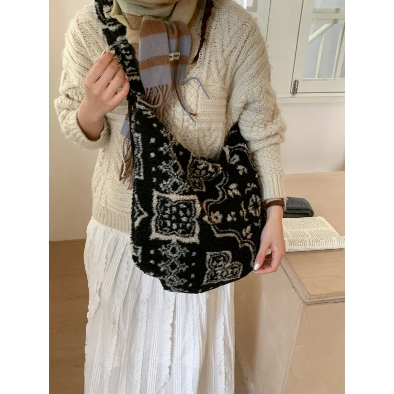 Korean Fair Isle Lamb Wool Tote Bag – Large Capacity | Nixie Shoulder Tote Bag Nixie