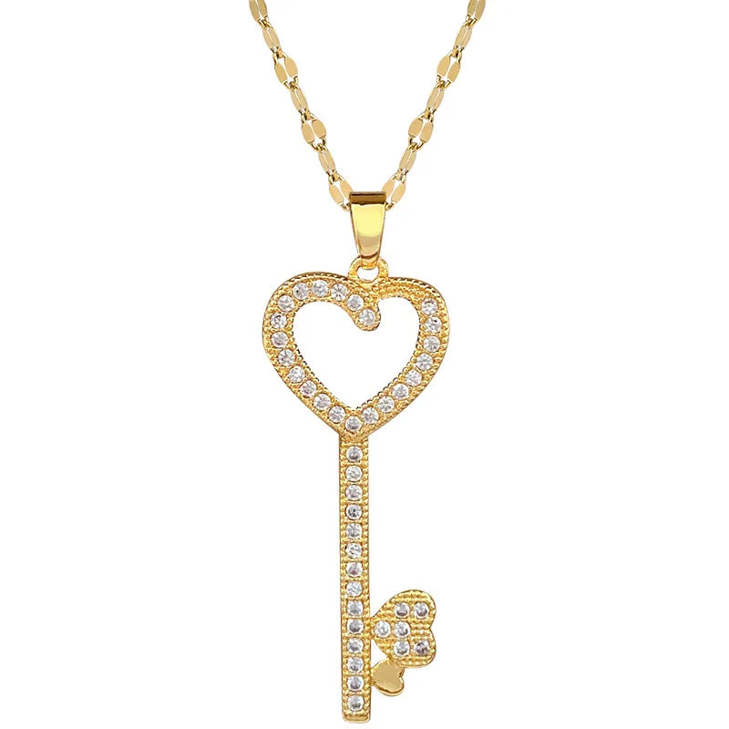 Heart & Key Gold Pendant Necklace – Zircon Collarbone Chain Pendant Necklace Nixie