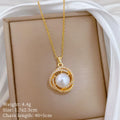 Bird's Nest Imitation Pearl Pendant Necklace | Gold Stainless Steel Pendant Necklace Nixie XL2607-135