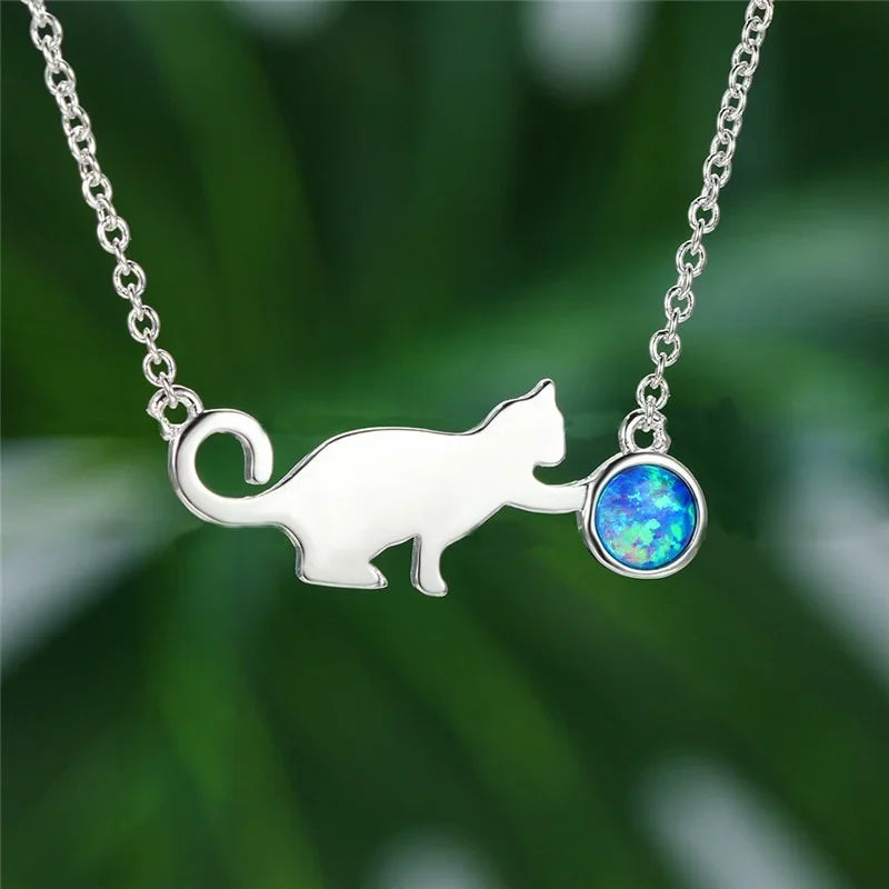 Blue Opal Cat Pendant Necklace – Silver Chain Women's Jewelry Pendant Necklace Nixie