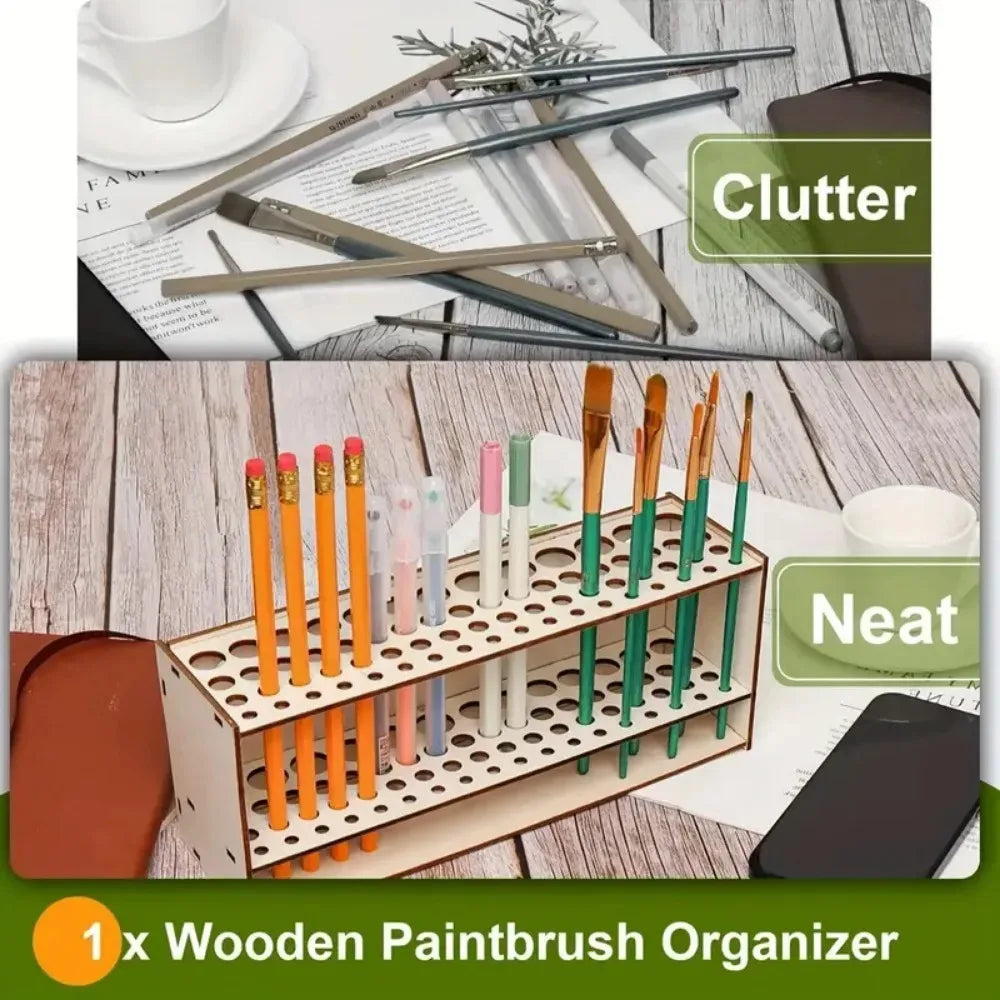 67-Slot Wooden Brush Holder – Double-Layer Desk Organizer Wooden Brush Holder Nixie