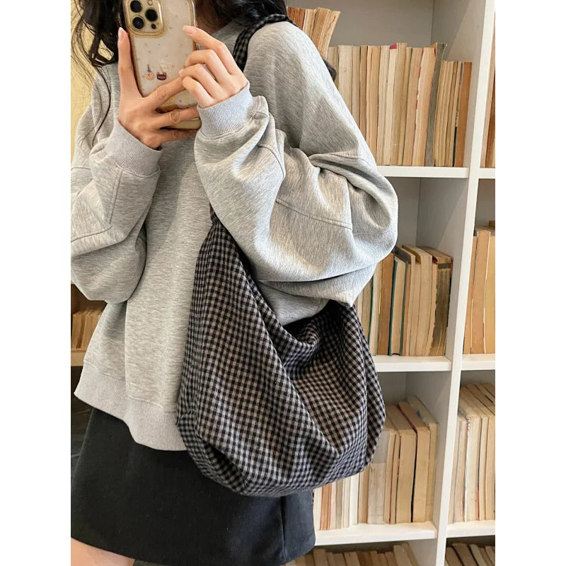 Korean Retro Plaid Canvas Tote Bag – Large Shoulder & Crossbody Canvas Tote Bag Nixie