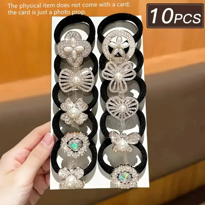 10-Pack Rhinestone Elastic Hair Ties – Minimalist & Elegant Styles