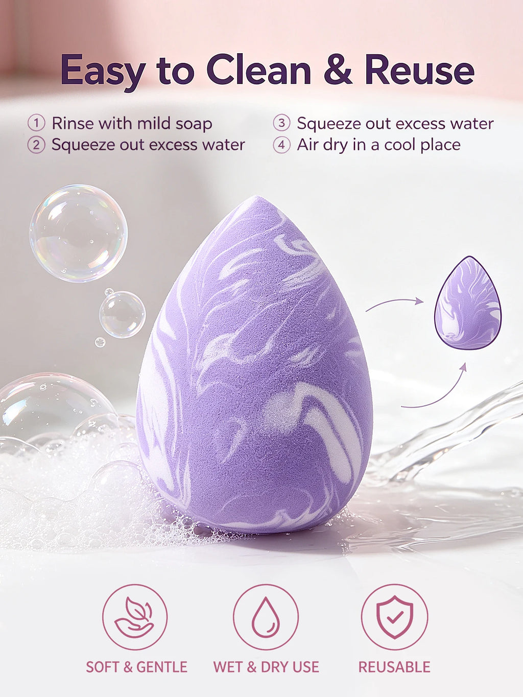 6-Piece Purple Marble Makeup Sponge Set – Latex-Free Blender Makeup Blending Sponge Nixie