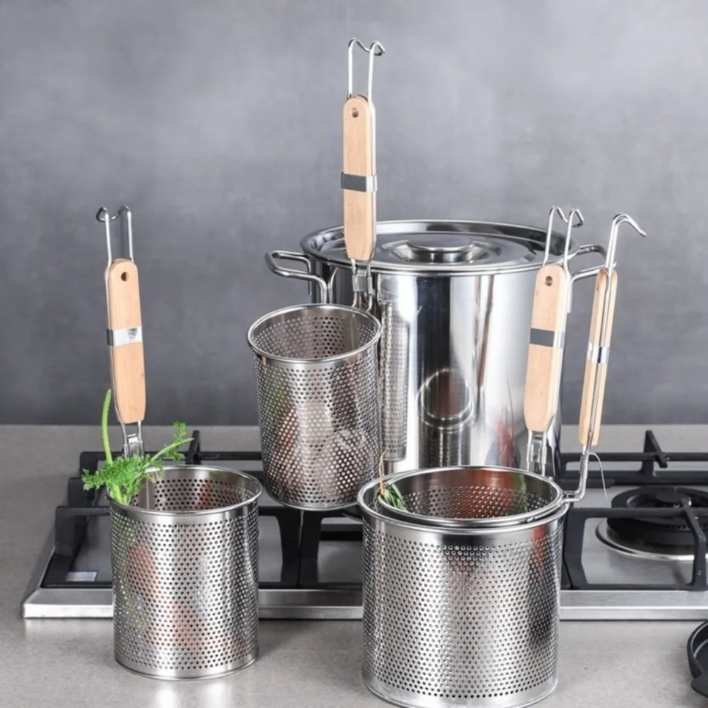 Stainless Steel Pasta Basket Strainer – Wooden Handle Kitchen Strainer Nixie