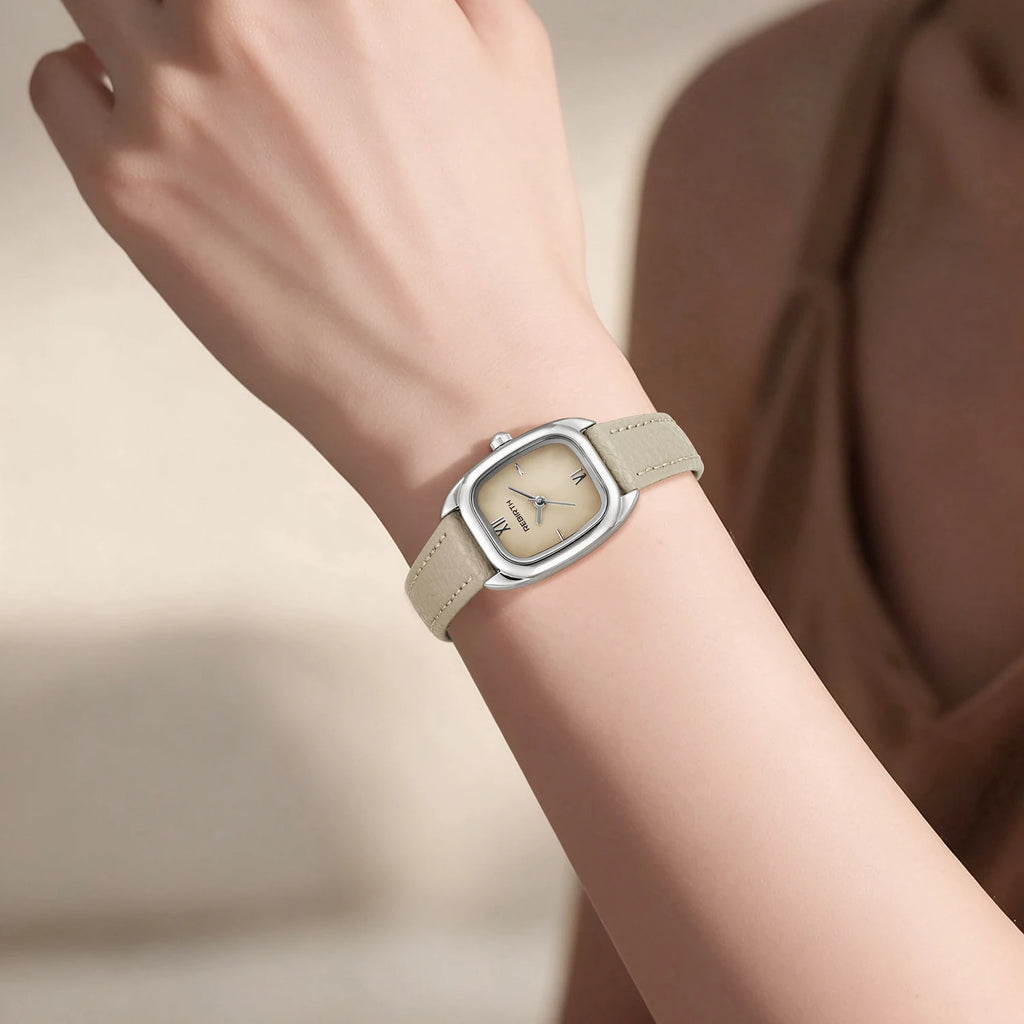 REBIRTH Square Women's Quartz Watch – Brown Leather Strap Women's Quartz Watch Nixie
