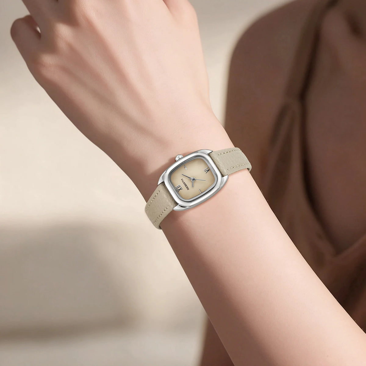 REBIRTH Square Women's Quartz Watch – Brown Leather Strap Women's Quartz Watch Nixie