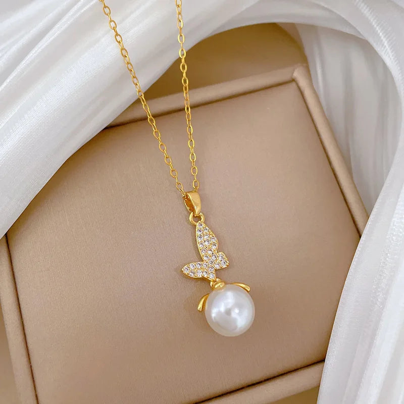 Pearl Butterfly Pendant Choker – Women's Gold Stainless Steel Pendant Necklace Nixie