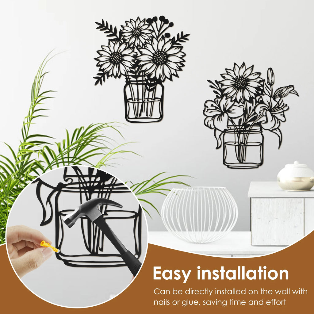 2Pcs Metal Sunflower Wall Art – Black Minimalist Wall Décor Metal Wall Art Nixie