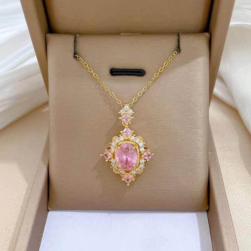 Pink Zircon Geometric Choker Pendant Necklace | Women's Gold Pendant Choker Necklace Nixie