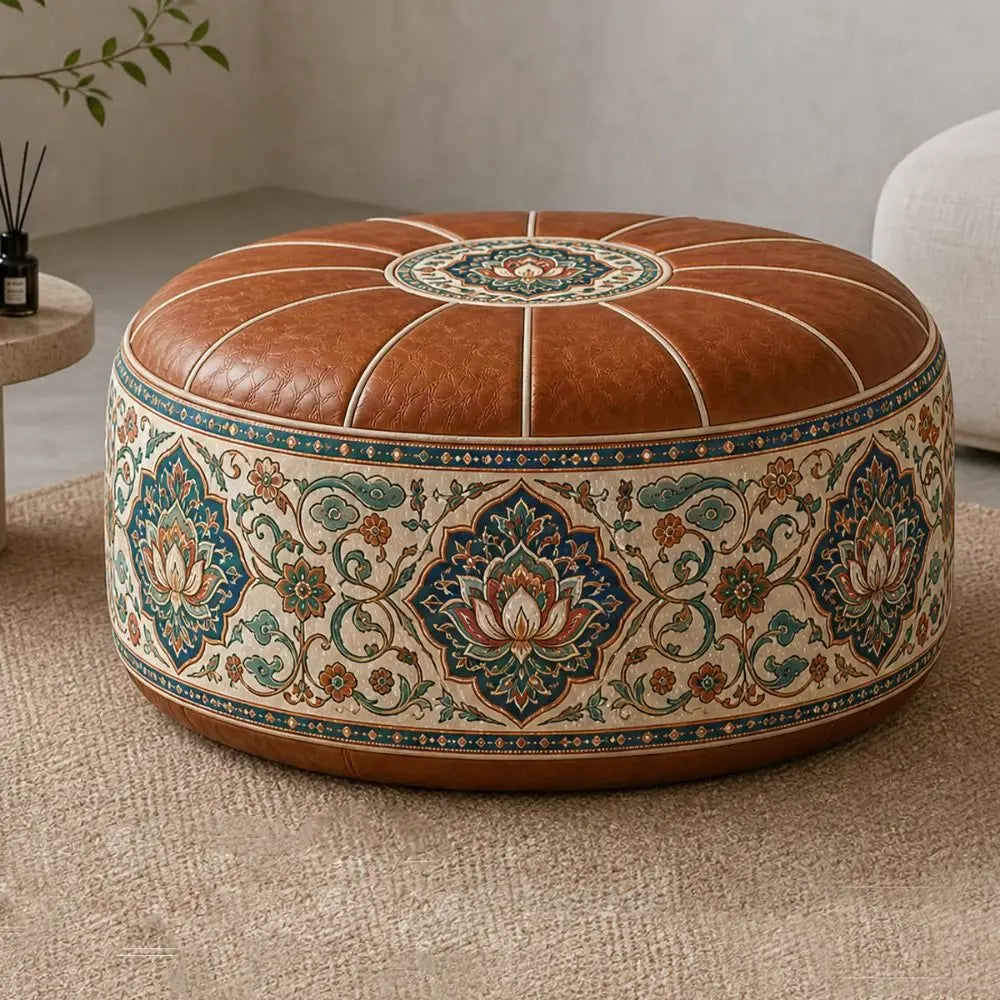 Boho Round PU Leather Ottoman Pouf Cover – Fillable & Foldable Ottoman Pouf Cover Nixie