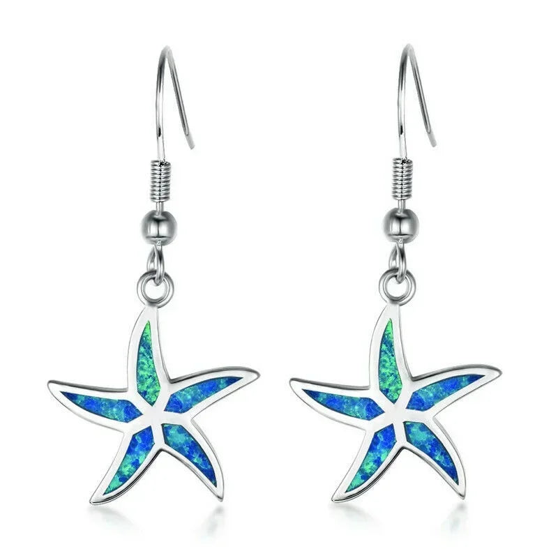 Blue Opal Starfish Drop Earrings | Silver Plated Fashion Jewelry Drop Earrings Nixie