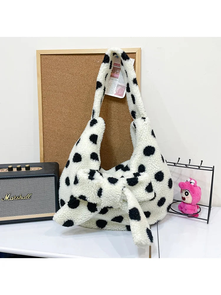 Bowknot Plush Polka Dot Tote Bag – Large Crossbody for Women Women's Shoulder Bag Nixie