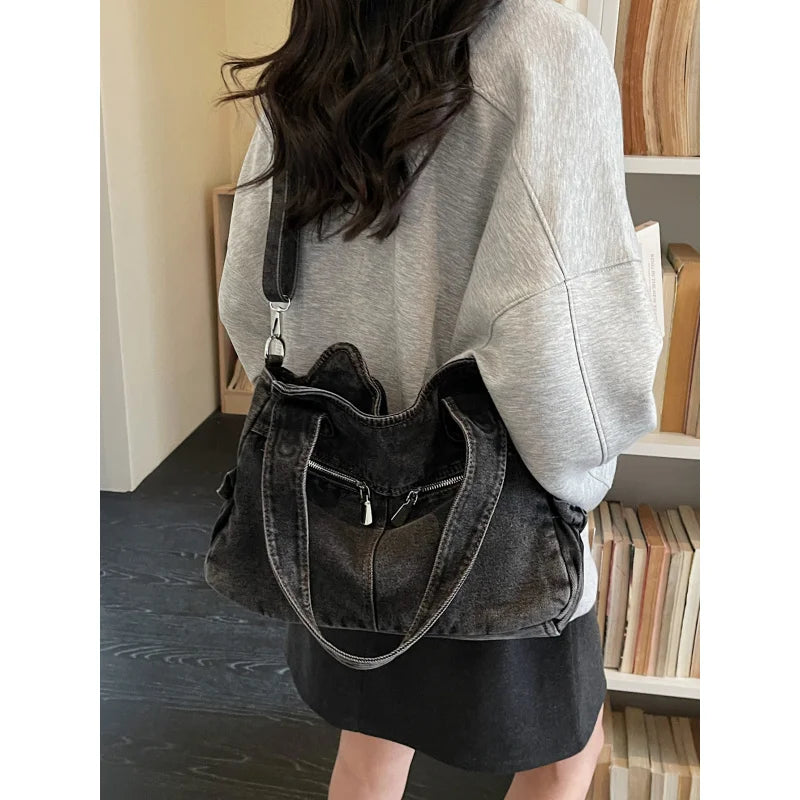 Japanese Vintage Denim Tote Bag – Large Shoulder Handbag Denim Tote Bag Nixie