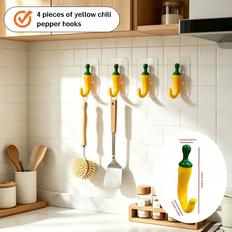 Chili Pepper Wall Hooks Self-Adhesive No-Drill 4pcs Decor Decorative Wall Hooks Nixie YELLOW