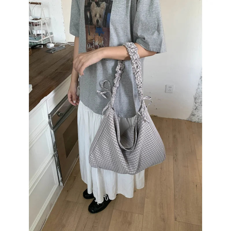 Plaid Canvas Crossbody Bag – Korean Style Commuter Tote Crossbody Bag Nixie