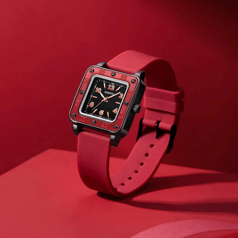 REBIRTH Women's Quartz Watch – Square Dial & Silicone Band Women's Quartz Watch Nixie