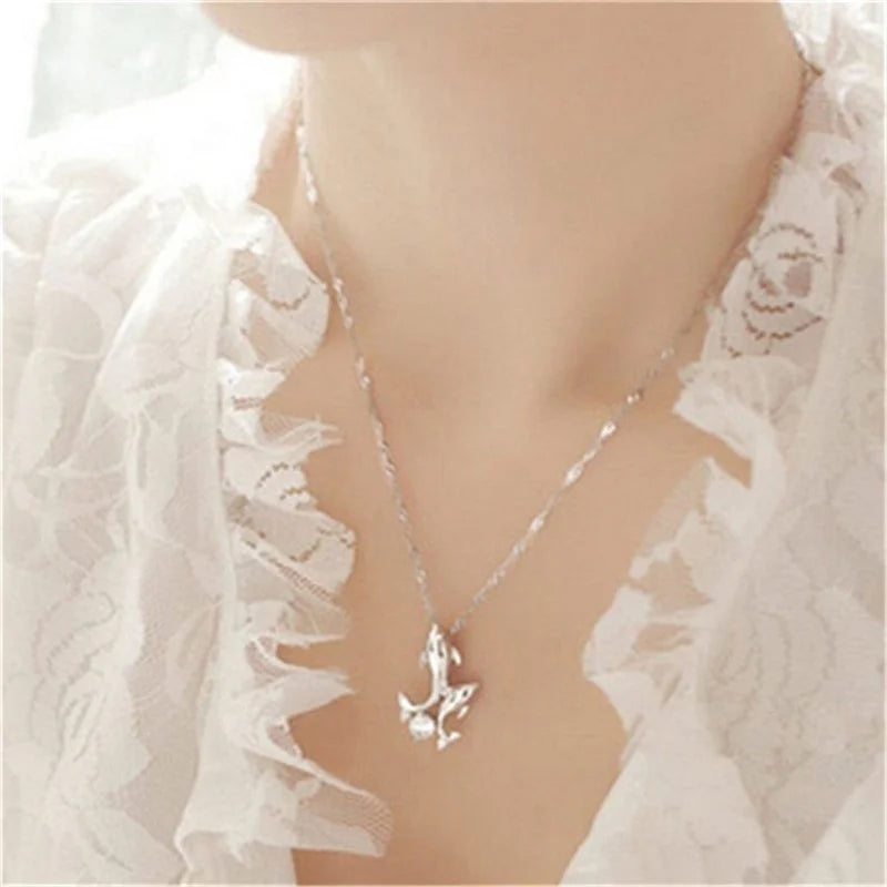 Double Dolphin Rhinestone Pendant Necklace – Silver Black Gold Pendant Necklace Nixie