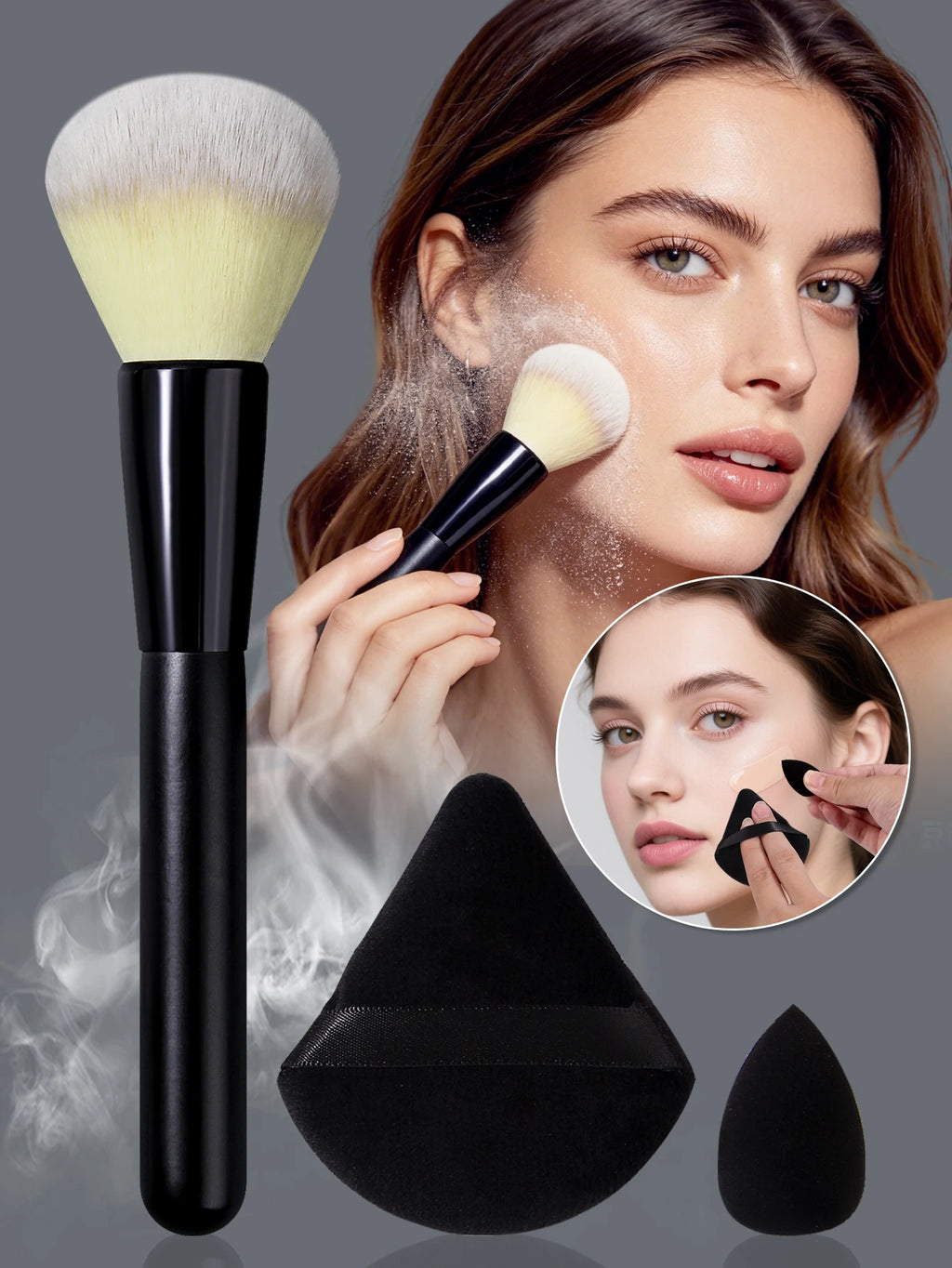 3-Piece Makeup Kit: Blush Brush, Sponge & Powder Puff | Nixie Makeup Brush Set Nixie