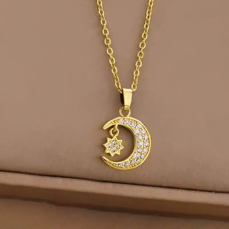 Star & Moon Zirconia Copper Pendant Necklace | Women's Gift