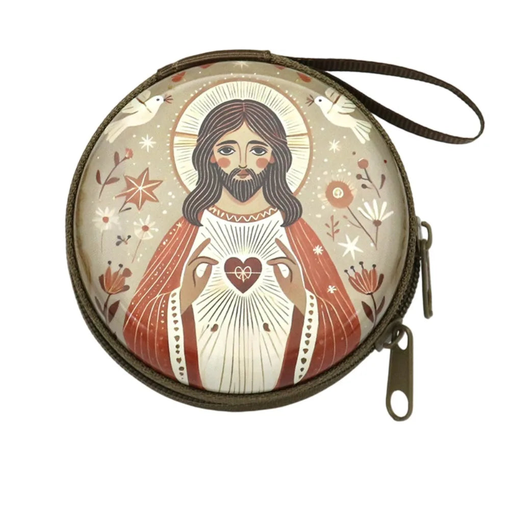 Virgin Mary Round Metal Rosary Storage Bag – Religious Keepsake