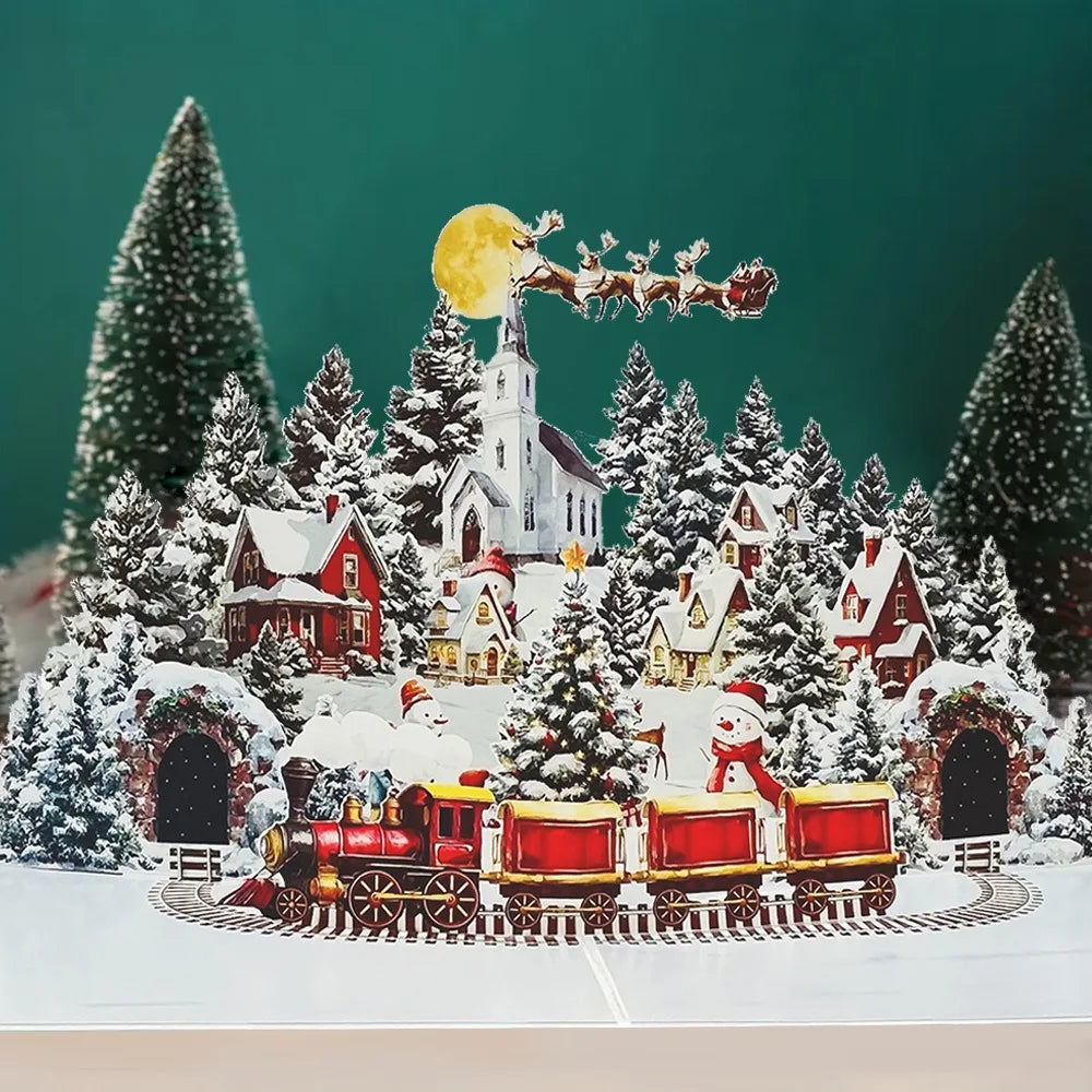 3D Pop-Up Christmas Card with Envelope – Snowy Village Scene Pop-Up Greeting Card Nixie AK1079