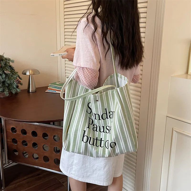 Women's Large Canvas Tote Bag – Striped Shoulder & Work Bag Canvas Tote Bag Nixie