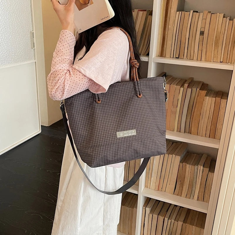Japanese Plaid Nylon Tote Bag – Large Capacity Work & School Nylon Tote Bag Nixie