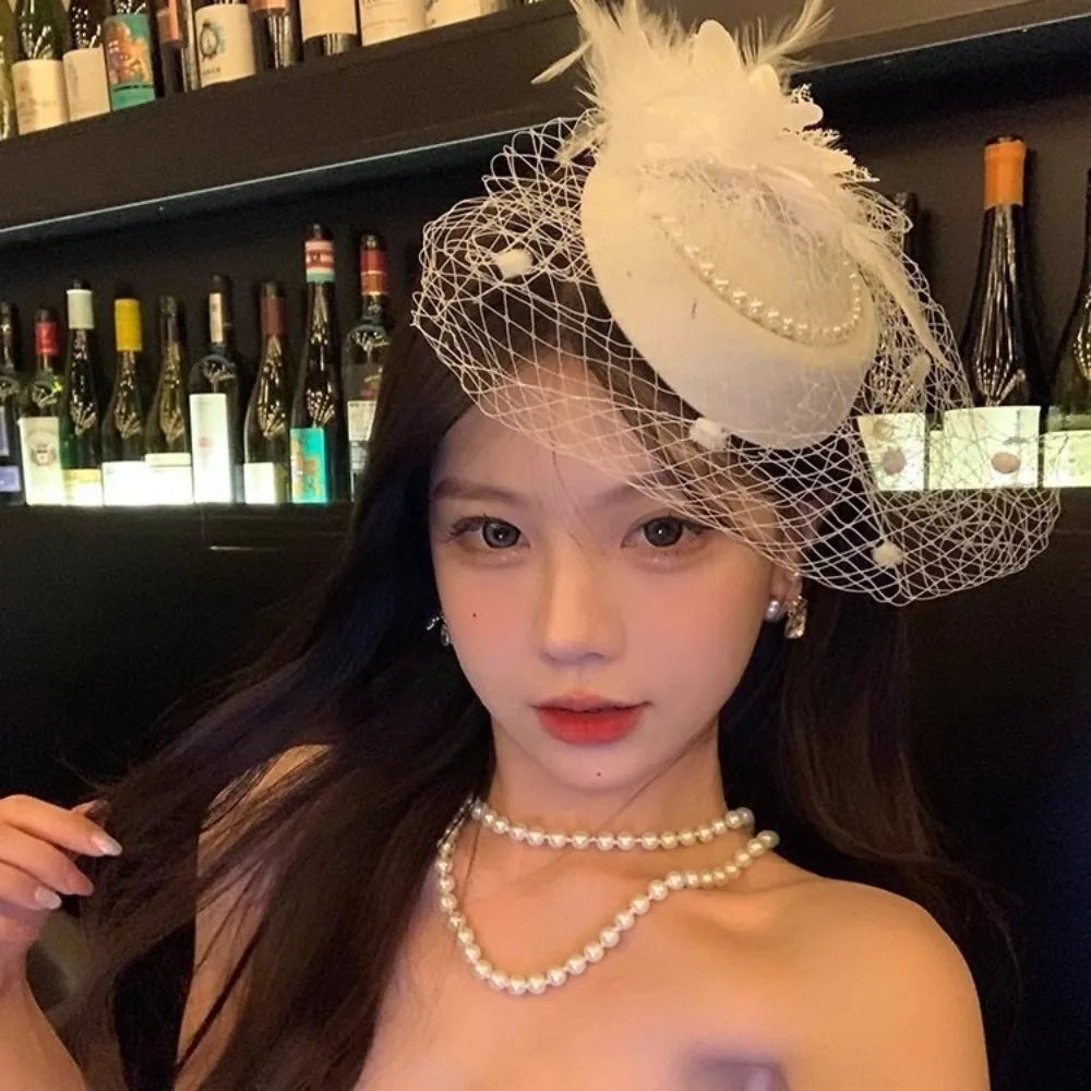 Bridal Pillbox Hat Vintage Mesh Veil Pearl Flower Women Bridal Pillbox Hat Nixie