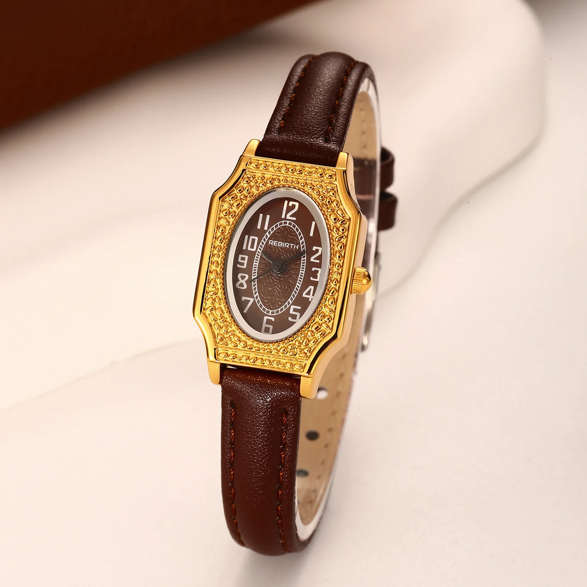 REBIRTH Women's Retro Quartz Watch – Oval Dial & Leather Strap Women's Quartz Watch Nixie