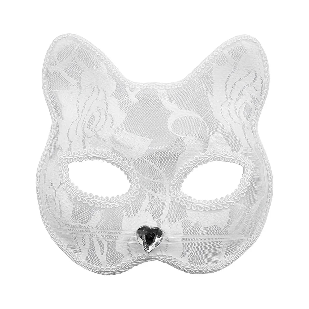 Cat Face Masquerade Lace Mask – Black & White Costume Prop