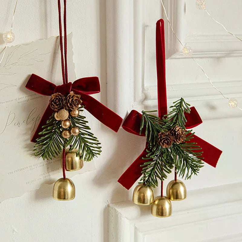 Christmas Jingle Bell Door Hanger – Velvet Bow & Pine Cone Ornament Christmas Door Ornament Nixie
