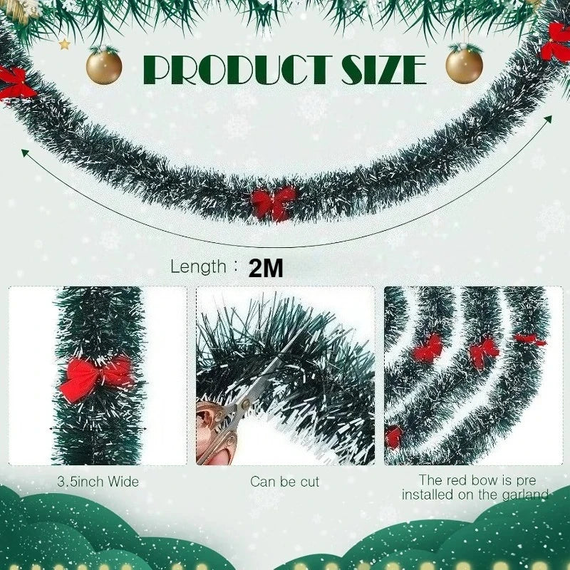 2M Christmas Wire Garland with 6 Red Bow Flower Wreath Decor Christmas Wreath Garland Nixie