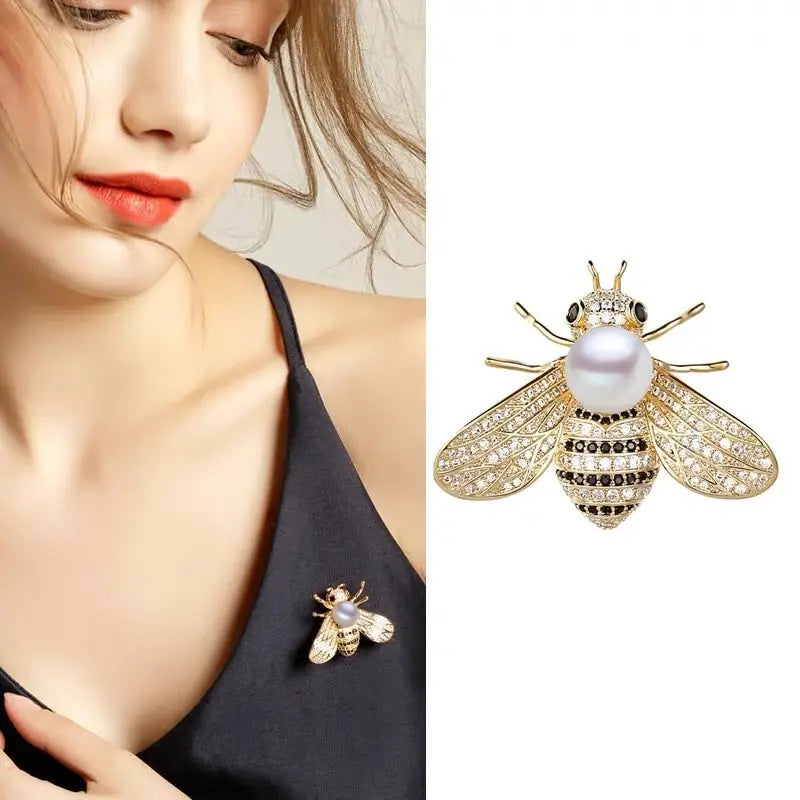 2PCS Bee Brooches Gold & Silver Imitation Pearl Corsage Pins Fashion Brooch Set Nixie