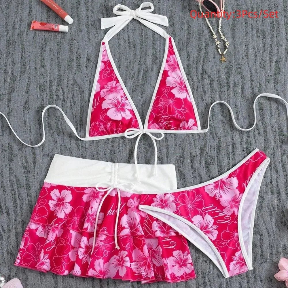 3-Piece Floral Halter Bikini Set – Women's Beachwear Swimsuit