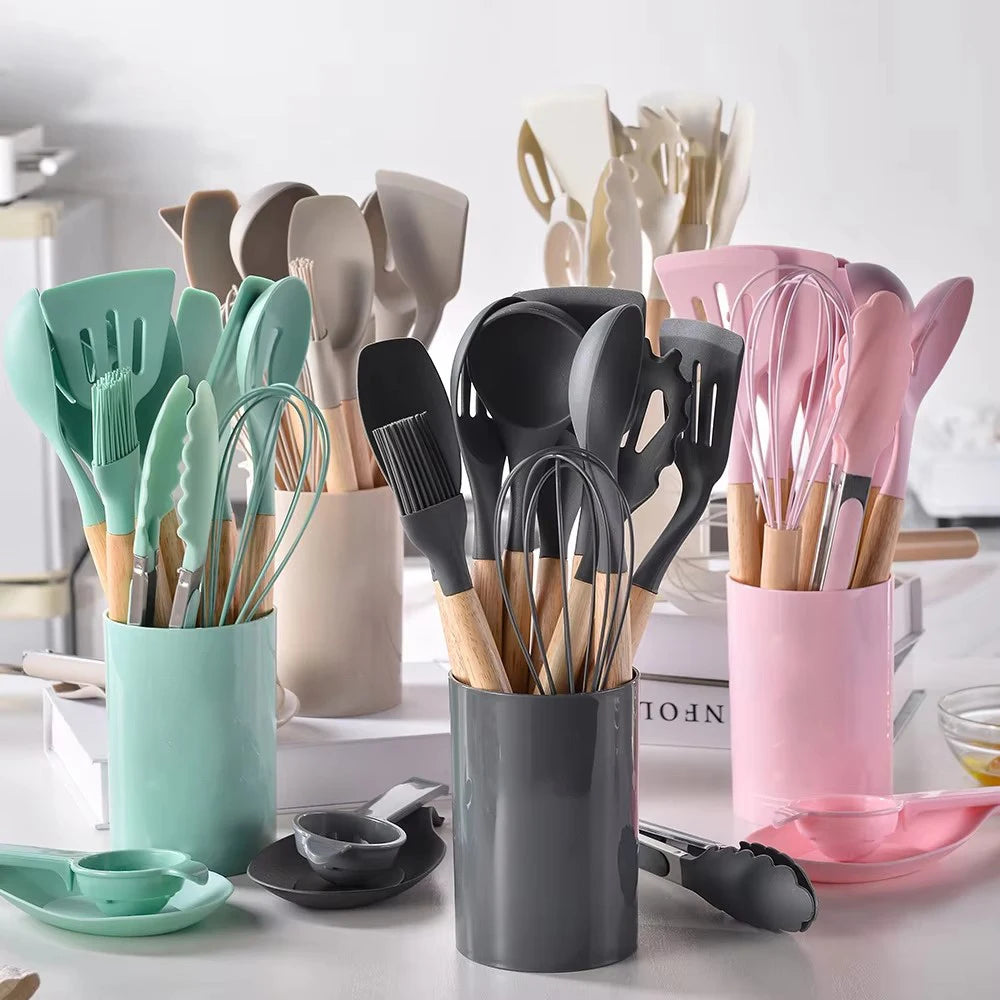 12-Piece Silicone Kitchen Utensils Set – Wooden Handle Kitchen Utensil Set Nixie